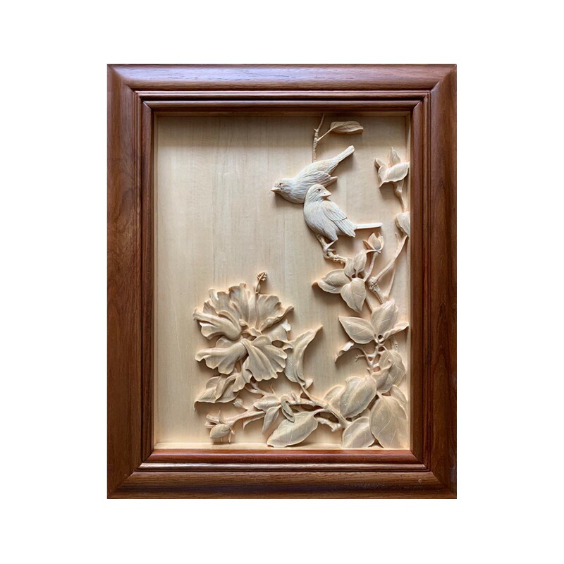 周先荣手工木雕东阳背景墙春夏秋冬四条屏 椴木花鸟雕刻小品