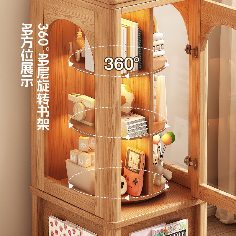 复古展示书柜实木旋转书架手办周边转角收纳柜置物收纳书柜