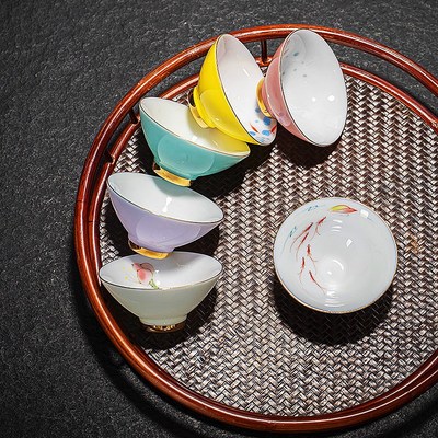 纯手绘茶具羊脂白茶杯套装手绘6杯加竹杯架斗笠功夫茶杯子主人杯