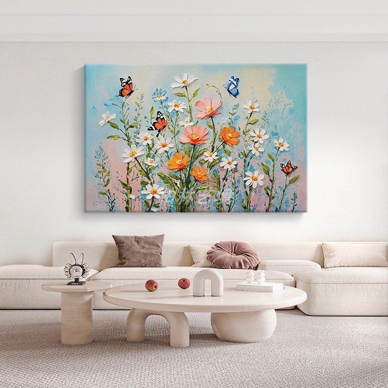 客厅奶油风小雏菊装饰壁画玄关抽象蝴蝶花卉手绘油画横版肌理挂画图片