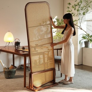 新中复古书房茶室藤编屏风入户正对门玄关置物杂志架