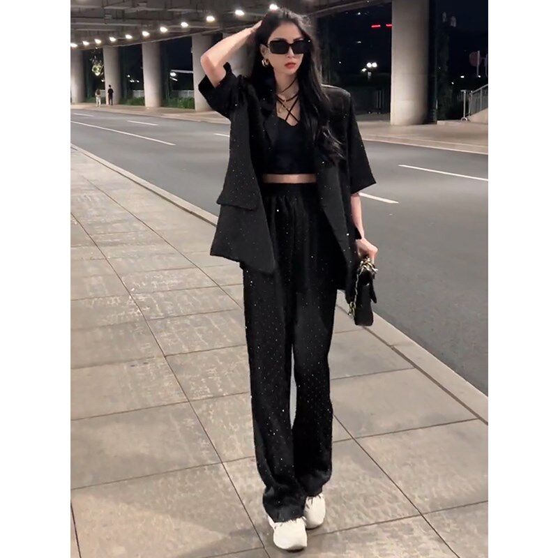 黑色时尚西装套装女2023夏装新款高级感气质短袖薄款阔脚裤两件套
