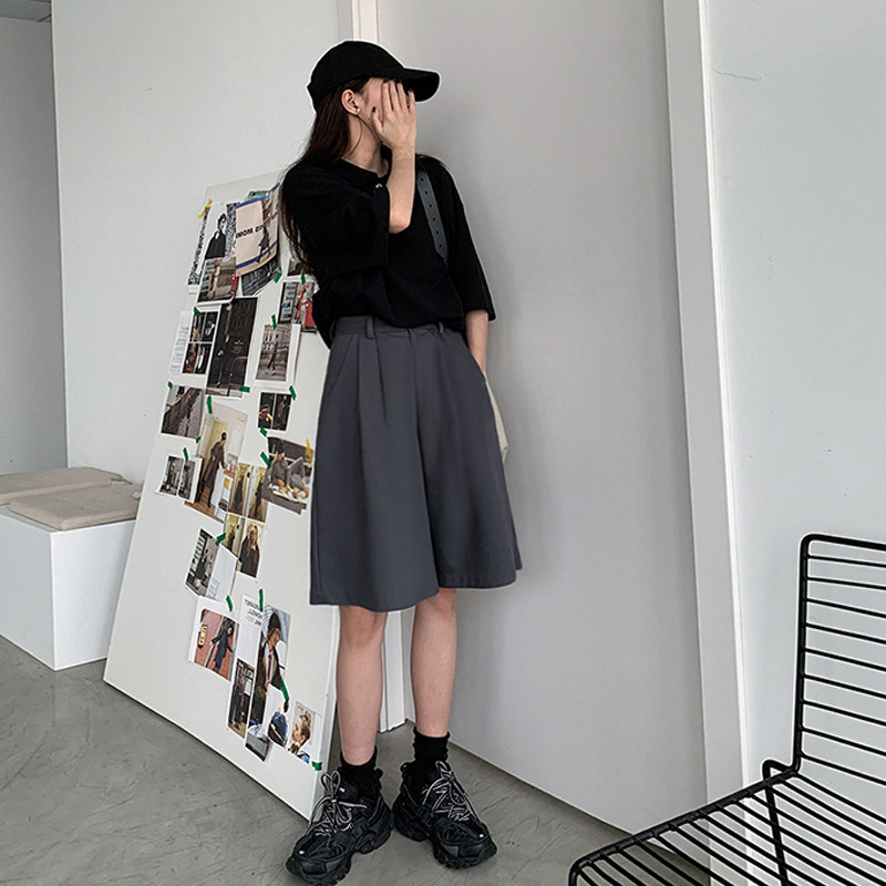 胖mm西装阔腿短裤女2021夏季薄款a字外穿大码高腰宽松显瘦五分裤