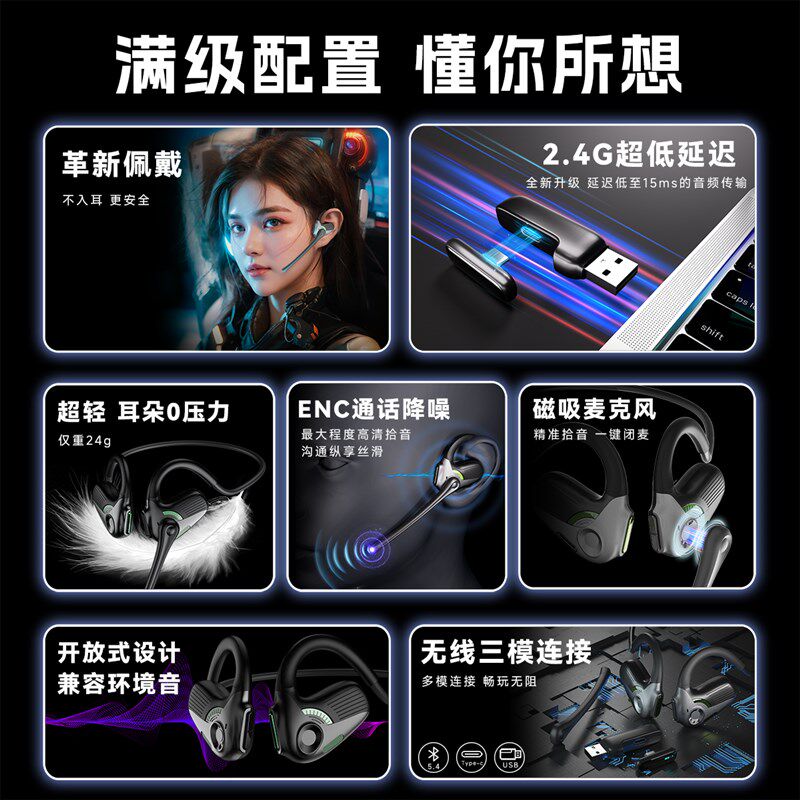 奇联极境耳机开放式游戏语音电竞绝地求生专用台式电脑无线2.4g