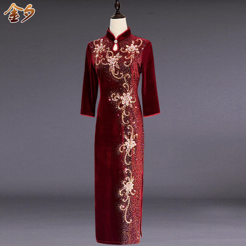 高端婚礼妈妈装旗袍裙中长款镶钻钉珠大码显瘦中年女装礼服连衣裙