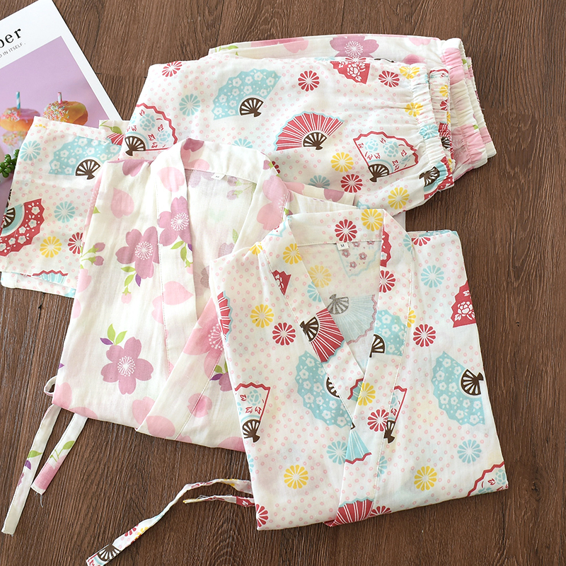 樱花和服睡衣女浴袍纯棉双层纱布系带春秋薄两件套开衫日式家居服