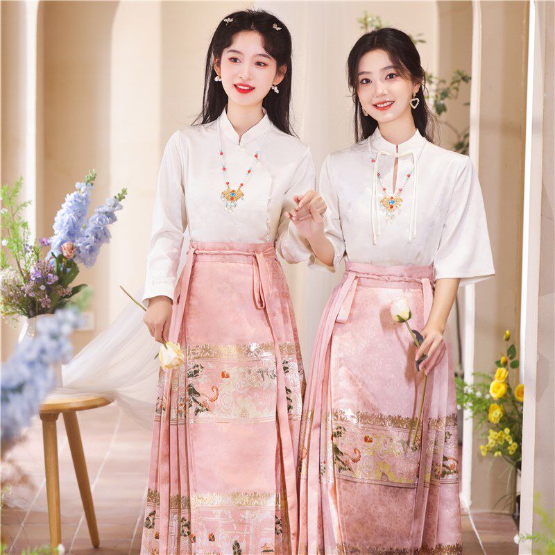 2024新款【千禧】粉色织金马面裙套装女新中式姐妹伴娘服女小个子