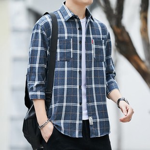 七分袖格子衬衫男男士休闲短袖衬衣工装中袖外套大码男装