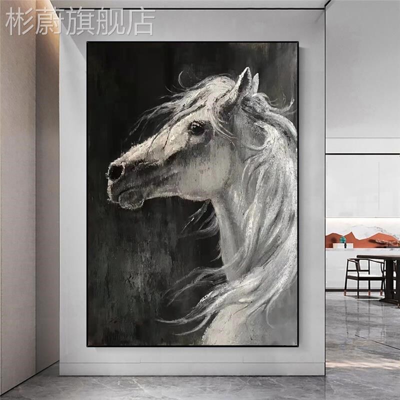 网红手绘黑白走马油画厚油玄关装饰画客厅沙背发景墙挂画竖版廊壁
