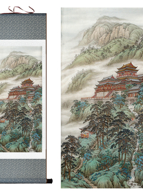 国画工笔山水画丝绸卷轴画山林楼阁立轴画书房办公室装饰挂画厂家
