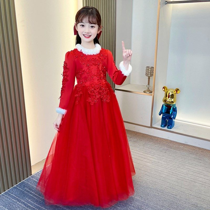冬季女童加绒连衣裙小女孩表演出礼服花童白纱裙儿童红色公主裙子