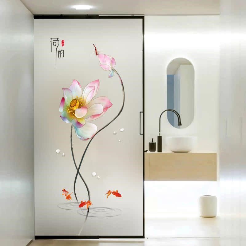 卫生间门防走光玻璃贴纸浴室防窥中国风荷花图贴画厨房门窗户贴膜,家居饰品,玻璃膜/贴,淘宝优惠券,粉丝福利购,淘宝优惠卷