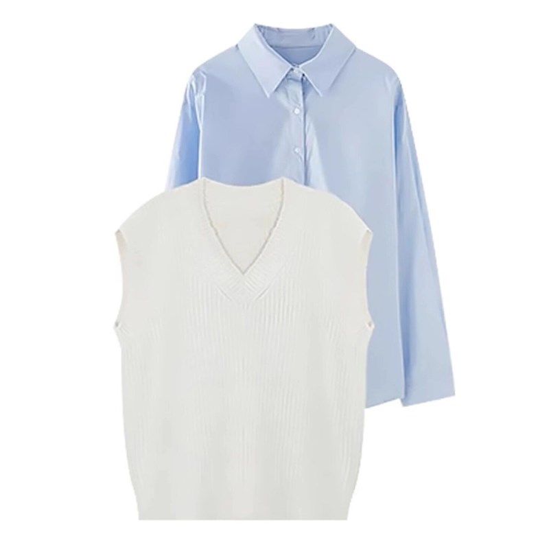 叠穿针织马甲背心毛衣奶乖甜美长袖衬衫小个子学院风盐系穿搭套装