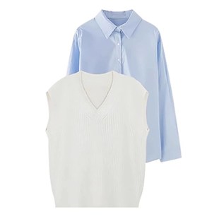 叠穿针织马甲背心毛衣奶乖甜美长袖衬衫小个子学院风盐系穿搭套装
