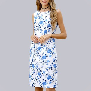 无袖背心a字白色碎花棉质直筒花印连衣裙女夏季2024新款大码春秋