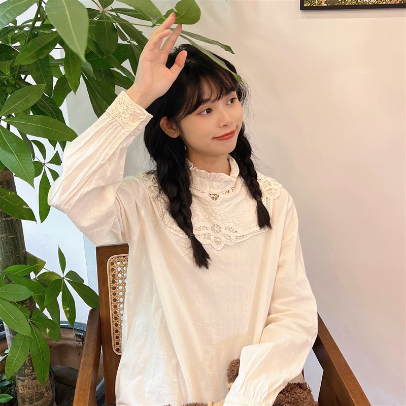 复古法式水溶镂空蕾丝半高领仙气精致内搭衬衫叠穿纯棉打底上衣