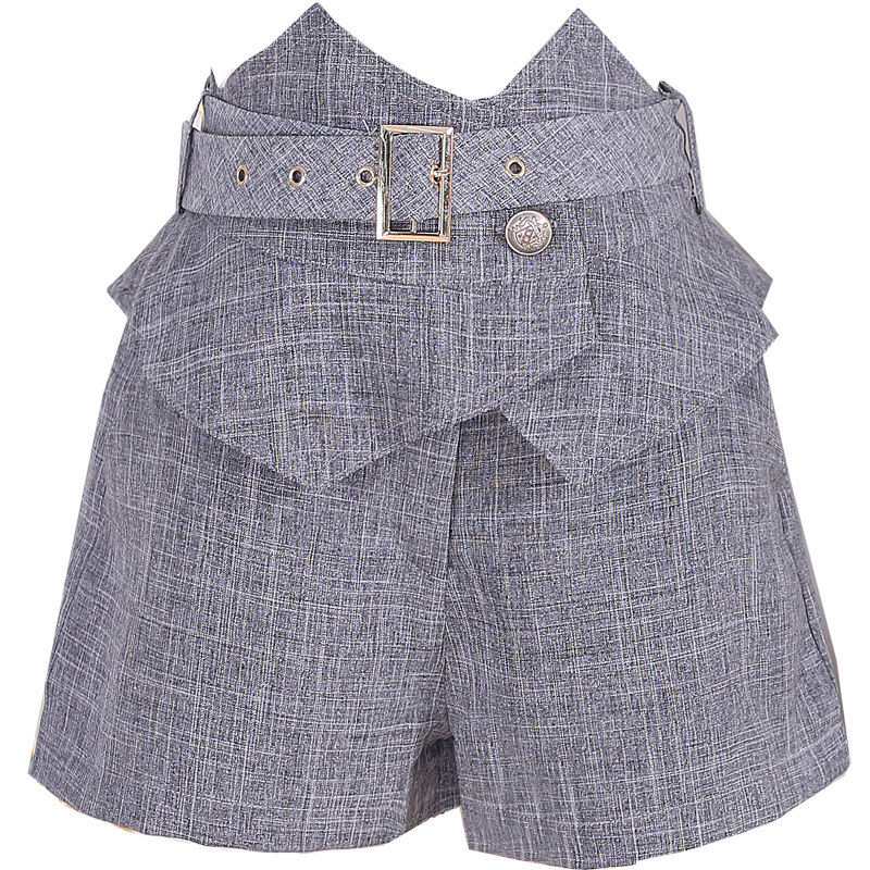 新款套装女白色翻领露肩斗篷衬衫+灰色荷叶边高腰短裤小个子女装