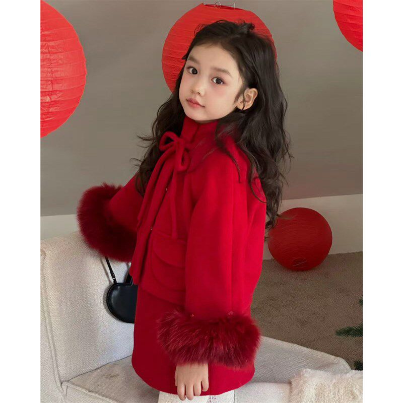 YFY女童冬季新款红色高级圣诞新年蝴蝶结羊毛套装背心裙外套毛呢