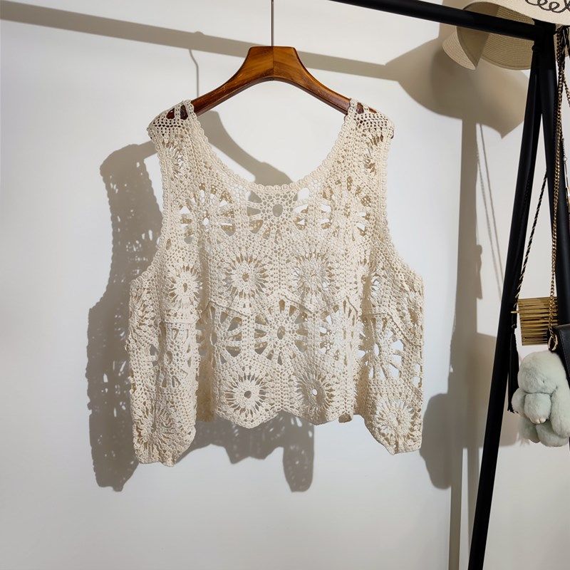 勾花镂空针织背心马甲女夏季新款波西米亚度假风无袖吊带上衣罩衫
