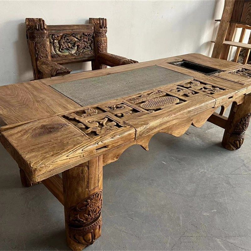原木实木茶几风化房梁木雕花复古中式禅意泡茶台老樟木茶桌椅组合