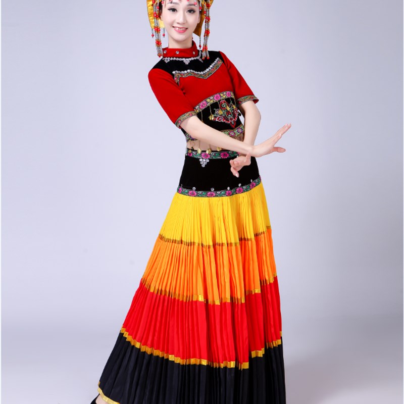 新款彝族七月火把节七彩大摆裙演出服民族舞蹈演出服装彝族大摆裙