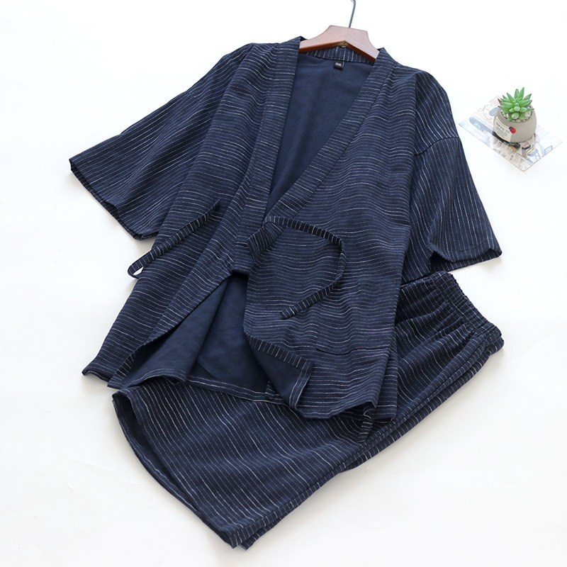条纹汗蒸服男纯棉布睡衣夏季短袖短裤日式和服浴服吸汗透气居家服