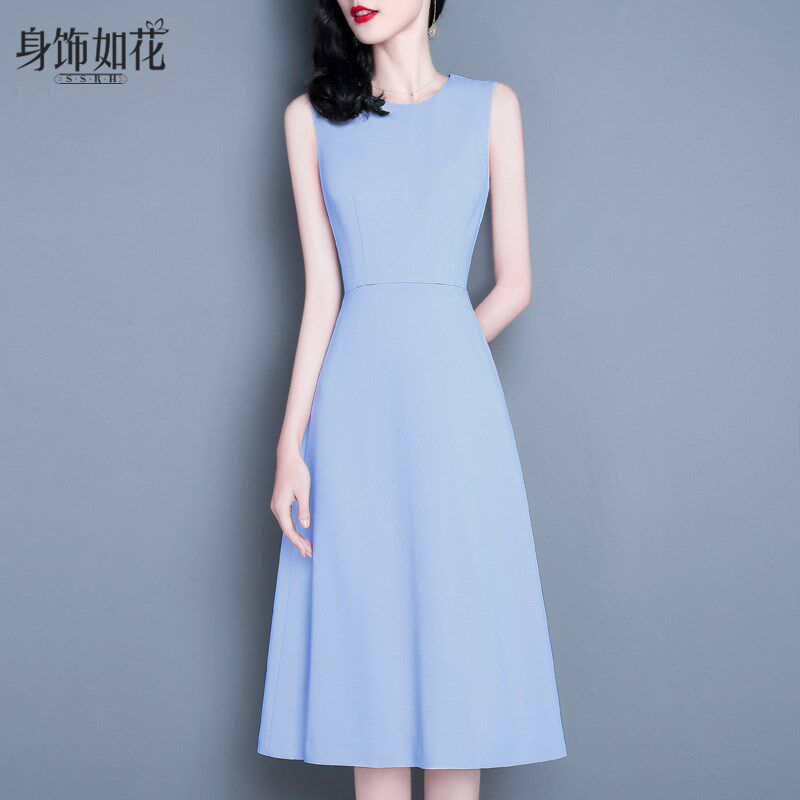 2024春秋新款淑女装气质修身显瘦a字背心裙蓝色中长款无袖连衣裙
