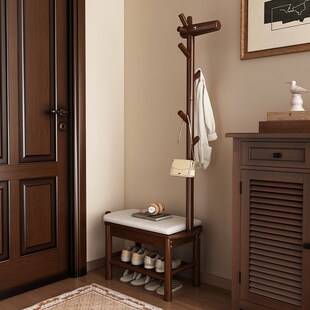 实木换鞋凳挂衣架一体卧室落地衣帽架玄关入户进门挂包包置物架子