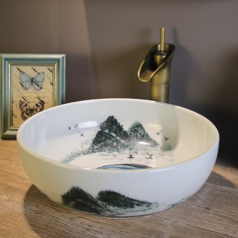 复古台上盆手绘荷花陶瓷洗手盆新中式仿古艺术洗脸单盆洗漱盆家用
