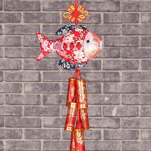 春季喜庆中国结客厅挂饰布艺鞭炮流苏挂件五连串商场年年有余装饰