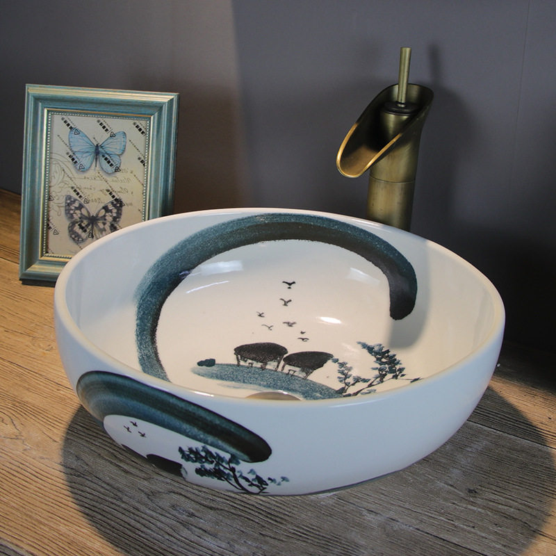 洗脸盆 仿古面盆手绘圆形陶瓷艺术中式盆洗手盆台上台盆