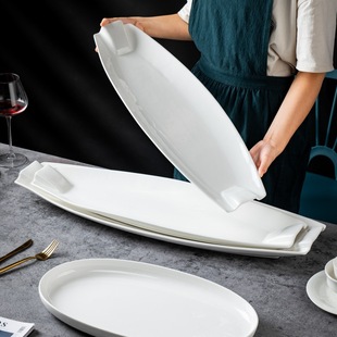 纯白雅骨瓷大鱼盘长江白鱼盘子翘嘴船形盘酒店明档蒸鱼盘鲥大鱼盘