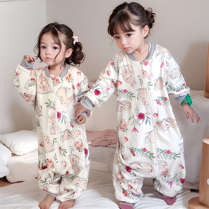婴儿睡袋春d秋纯棉儿童分腿睡袋春夏薄款宝宝防踢被子连体睡衣四