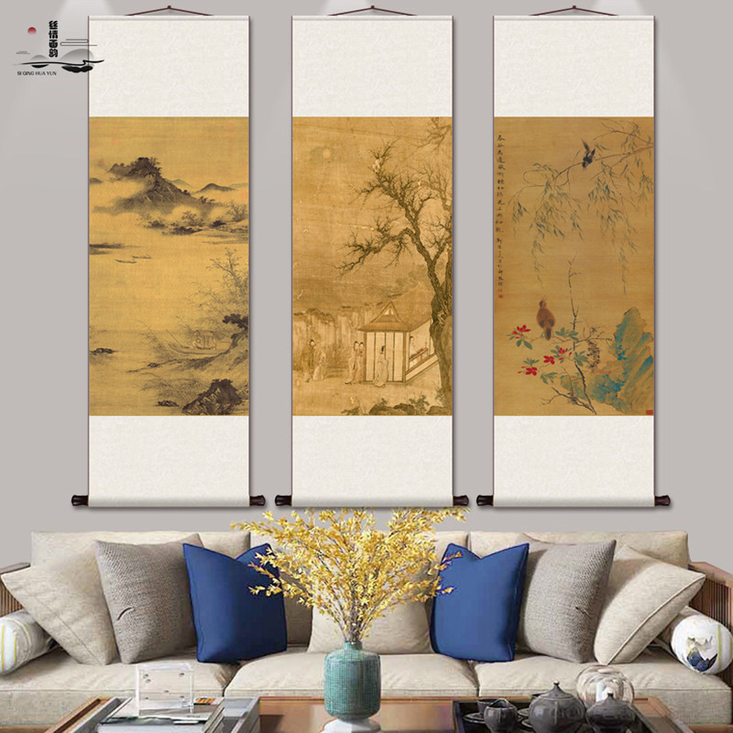 明代唐寅仕女图花鸟画文徵明荷花名家字画茶楼酒店装饰画丝绸字画