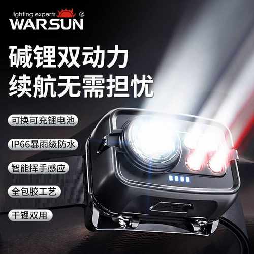 沃尔森强光包胶头灯超亮感应夜钓专用超长续航可换电头戴户外WH12