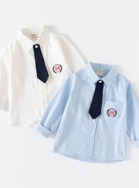 男童领带长袖衬衣韩版2r023新款春款刺绣中小儿童宝宝洋气上衣衬