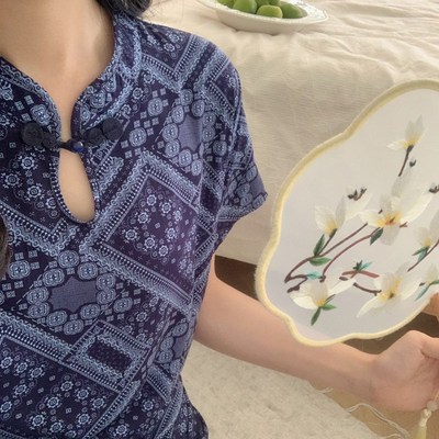 新中式可外穿棉绸加长款r盘扣连衣裙短袖系绳睡衣睡裙女夏季人棉