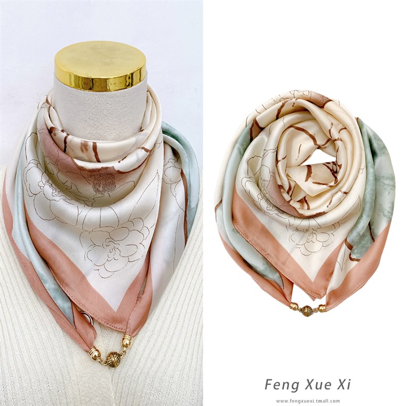 古典百搭磁吸扣春夏季方巾薄款三C角丝巾女领巾仿丝印花多功能围