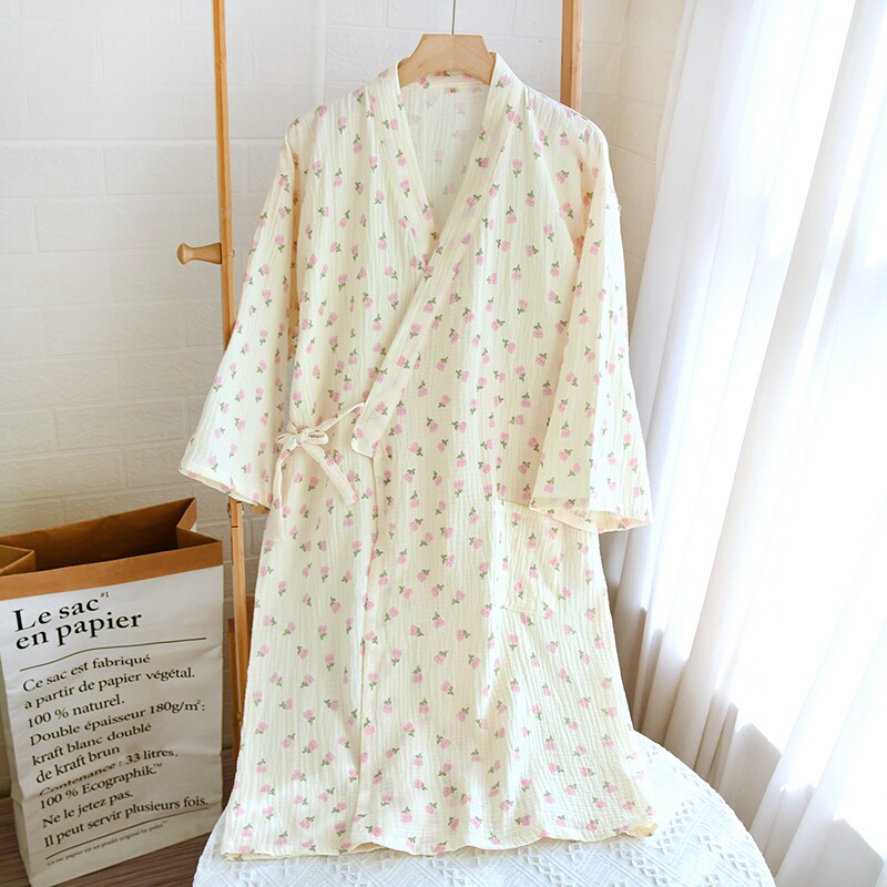 睡袍女夏薄款纯棉双层纱布全棉绉布清新休闲O中长款和服式系带浴