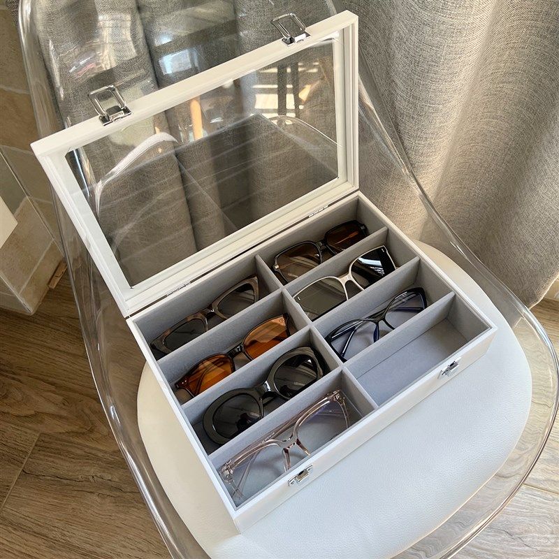 高级透明玻璃盖眼镜收纳盒黑色A皮质绒布多格大容量太阳墨镜展示