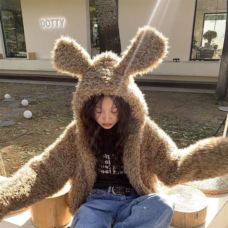 可爱兔耳朵仿皮草小个子r软妹短款连帽毛绒外套女冬宽松加厚慵懒