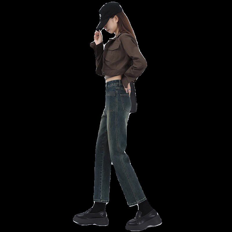 大码女装胖mm美式高腰直筒牛仔裤女秋季宽松显瘦复V古九分烟管裤