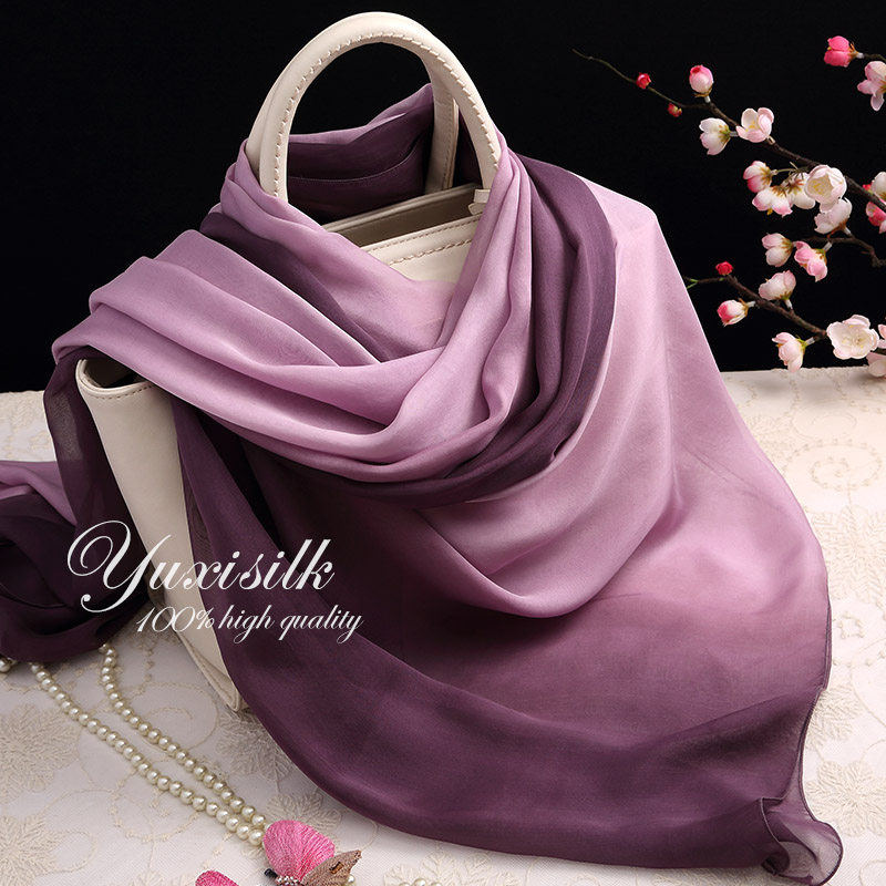 紫色渐变色100%桑蚕丝t长款真丝丝巾围巾女纱巾披肩春秋冬夏季百