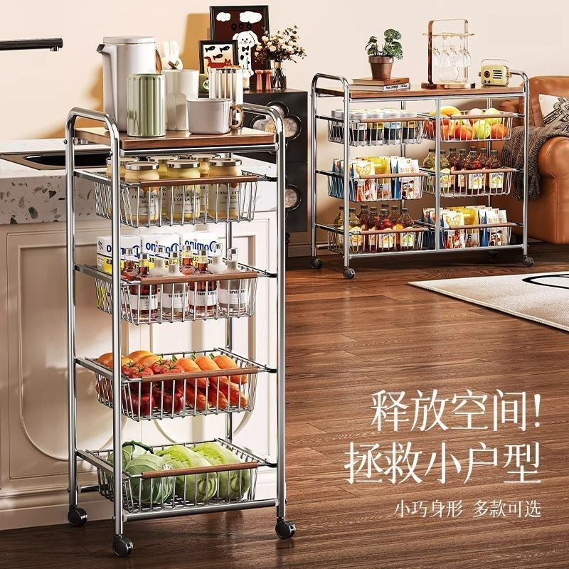 家用收纳层架落地货架客厅移动y带轮零食置物架中古小推车厨房调
