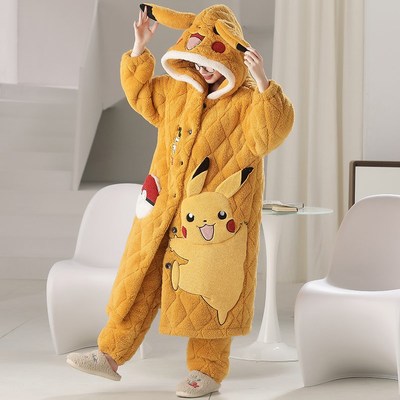 睡袍女生a冬季三层夹棉长款睡衣珊瑚绒加厚卡通可外穿家居服套装