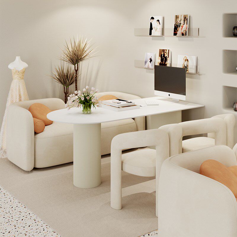 奶油风影楼选片区桌椅组合婚纱店洽谈沙发休闲网R红美容院接待卡