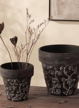 新中式复旧暗色花盆侘寂风t陶土透气黑色浮雕家居简约叶藤绿植花