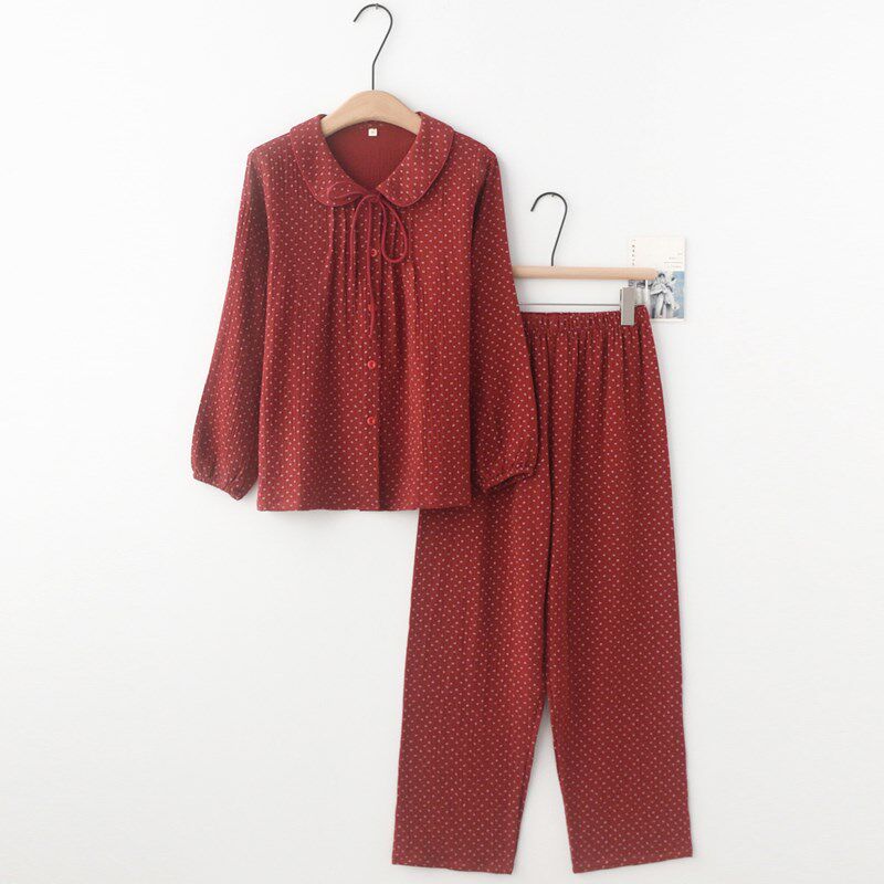 红色本命年甜美印l花睡衣女款春夏季纯棉纱布薄长袖长裤家居服套