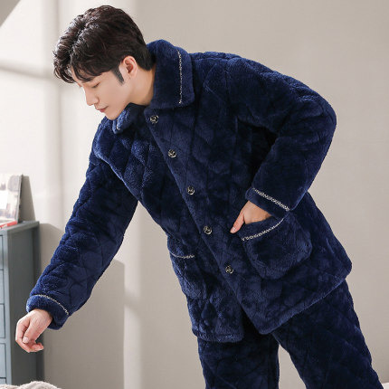 男士睡衣冬季珊瑚绒三层夹棉加厚加绒秋冬款法Q兰绒家居服休闲套