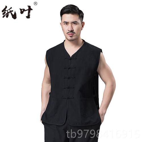 正品棉麻衫唐装马褂马甲男夏季坎肩中国风老式头衫中汗中老年宽松